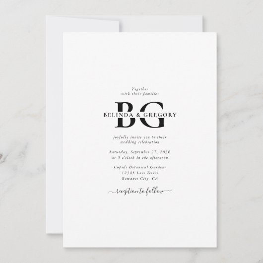 Elegante Schwarz-Weiß-Monogramm-Initialen Hochzeit Einladung (Vorderseite)