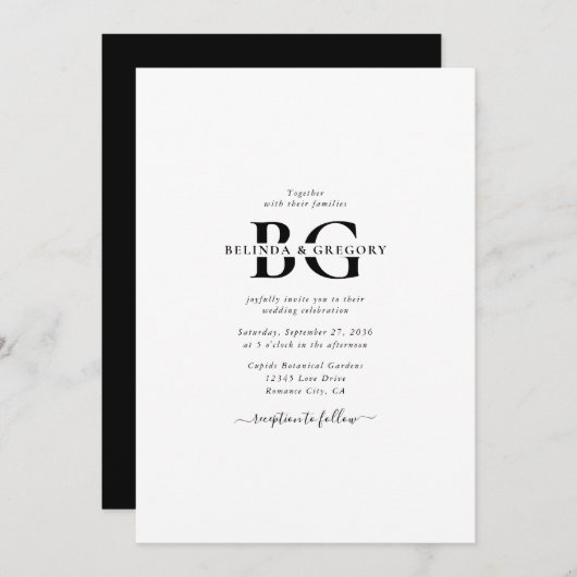 Elegante Schwarz-Weiß-Monogramm-Initialen Hochzeit Einladung (Vorne/Hinten)