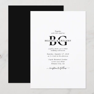 Elegante Schwarz-Weiß-Monogramm-Initialen Hochzeit Einladung