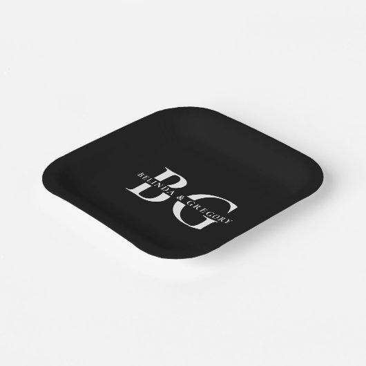 Elegante Schwarz-Weiß-Monogramm-Initialen Hochzeit Pappteller (Gewinkelt)