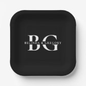 Elegante Schwarz-Weiß-Monogramm-Initialen Hochzeit Pappteller (Vorderseite)