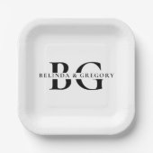 Elegante Schwarz-Weiß-Monogramm-Initialen Hochzeit Pappteller (Vorderseite)