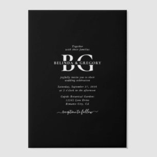 Elegante Schwarz-Weiß-Monogramm-Initialen Hochzeit Pergament Einladungen