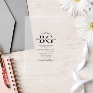 Elegante Schwarz-Weiß-Monogramm-Initialen Hochzeit Pergament Einladungen