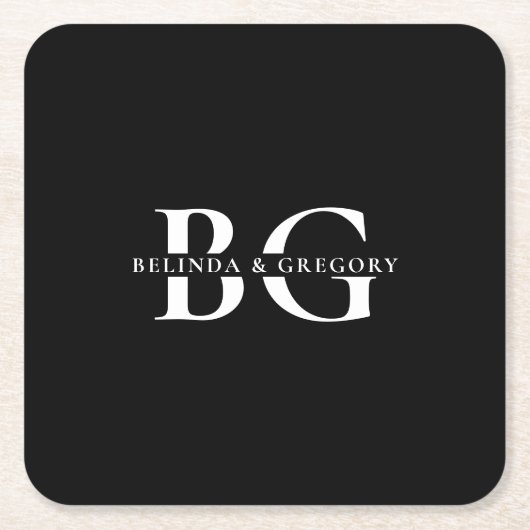 Elegante Schwarz-Weiß-Monogramm-Initialen Hochzeit Rechteckiger Pappuntersetzer (Vorderseite)