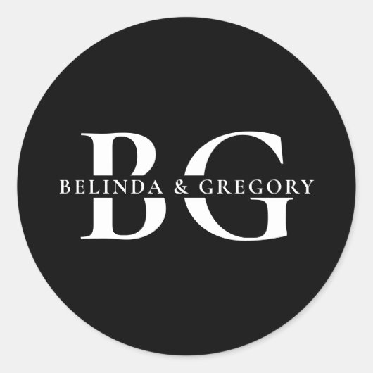 Elegante Schwarz-Weiß-Monogramm-Initialen Hochzeit Runder Aufkleber (Vorderseite)