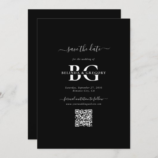 Elegante Schwarz-Weiß-Monogramm-Initialen Hochzeit Save The Date (Vorne/Hinten)