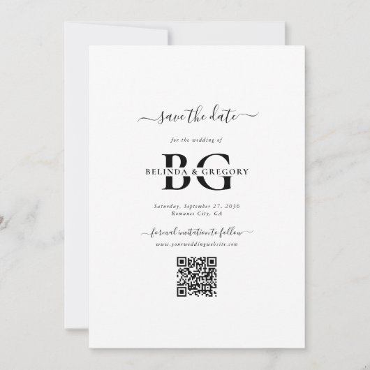 Elegante Schwarz-Weiß-Monogramm-Initialen Hochzeit Save The Date (Vorderseite)