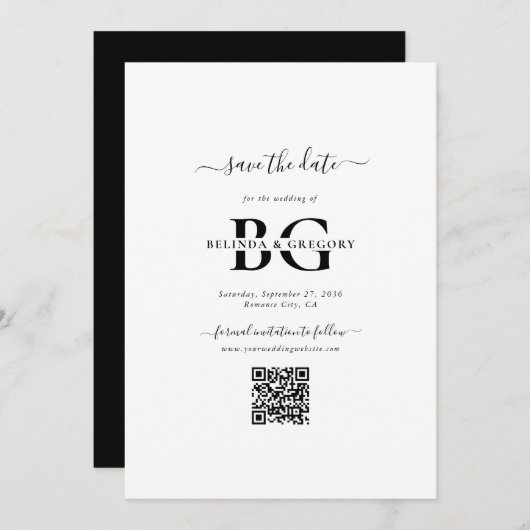 Elegante Schwarz-Weiß-Monogramm-Initialen Hochzeit Save The Date (Vorne/Hinten)