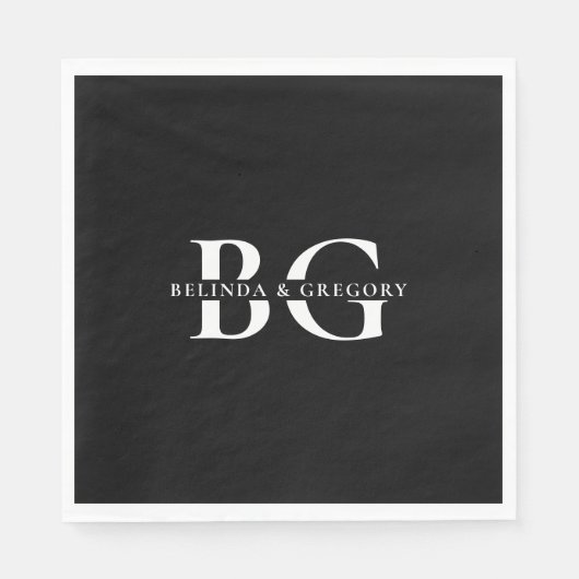 Elegante Schwarz-Weiß-Monogramm-Initialen Hochzeit Serviette (Vorderseite)