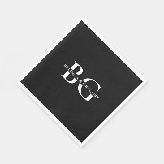 Elegante Schwarz-Weiß-Monogramm-Initialen Hochzeit Serviette (Ecke)