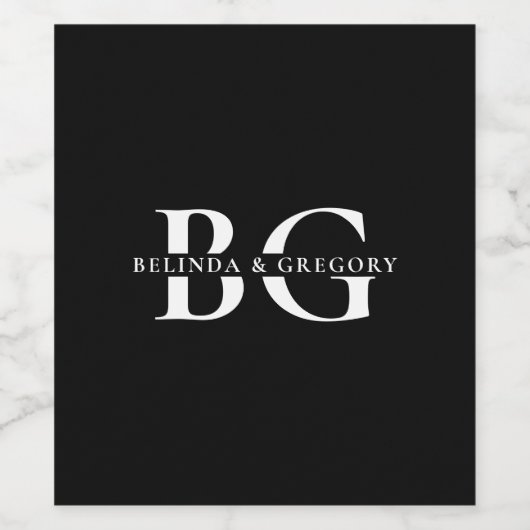 Elegante Schwarz-Weiß-Monogramm-Initialen Hochzeit Weinetikett (Einzelnes Label)