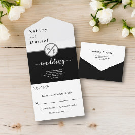 Elegante Schwarz-Weiß-Monogramm Moderne Hochzeit All In One Einladung
