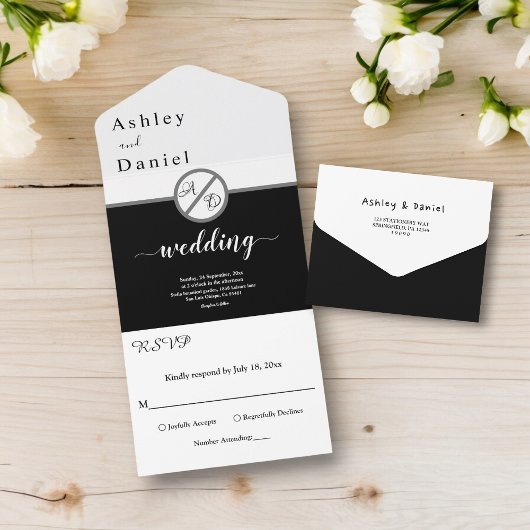 Elegante Schwarz-Weiß-Monogramm Moderne Hochzeit All In One Einladung