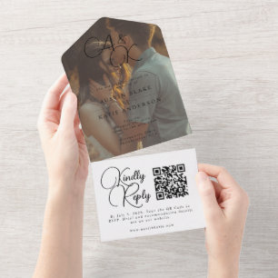 Elegante Schwarz-Weiß-Monogramm-Schrift-Foto-Hochz All In One Einladung