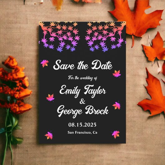 Elegante Schwarz-Weiß-Neon-Blätter Hochzeit im Her Save The Date