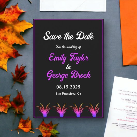 Elegante Schwarz-Weiß-Neongras-Hochzeit im Herbst Save The Date