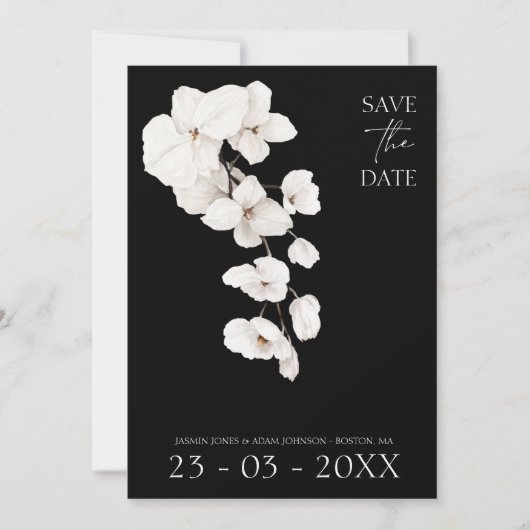 Elegante Schwarz-Weiß-Orchideenhochzeit Save The Date (Vorderseite)