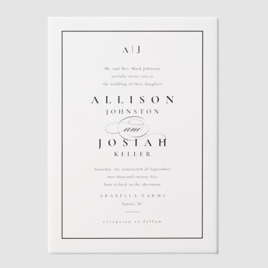 Elegante Schwarz-Weiß-Overlay-Hochzeit Pergament Einladungen (Vorderseite)