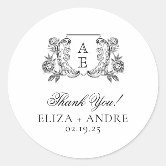 Elegante Schwarz-Weiß-Peony-Blumenhochzeit Runder Aufkleber (Vorderseite)