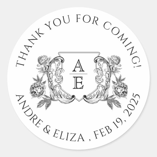 Elegante Schwarz-Weiß-Peony-Blumenhochzeit Runder Aufkleber (Vorderseite)