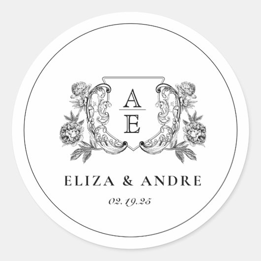 Elegante Schwarz-Weiß-Peony-Blumenhochzeit Runder Aufkleber (Vorderseite)