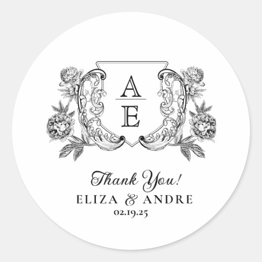 Elegante Schwarz-Weiß-Peony-Blumenhochzeit Runder Aufkleber (Vorderseite)