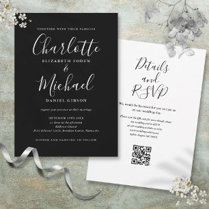 Elegante Schwarz-Weiß-QR-Code-Hochzeit im Skript-S Einladung