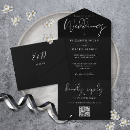 Elegante Schwarz-Weiß-QR-Code-Monogramm-Hochzeit All In One Einladung