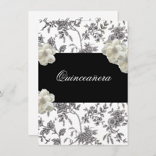 Elegante Schwarz & Weiß Quinceanera Einladung (Vorne/Hinten)