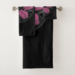 Elegante Schwarz-Weiß-Rosa-Blütendruck Badhandtuch Set