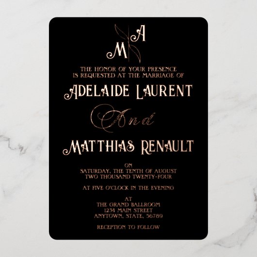 Elegante Schwarz-Weiß-Rose-Hochzeit Folieneinladung (Vorderseite)