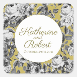 Elegante Schwarz-Weiß-Rosen auf Goldhochzeit Quadratischer Aufkleber