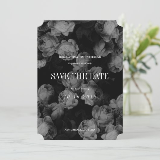 Elegante Schwarz/Weiß Rosen Speichern Sie die Datu Save The Date (Stehend Vorderseite)