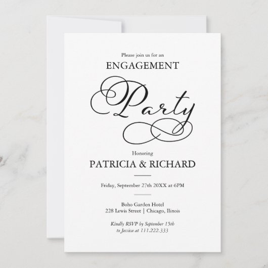 Elegante Schwarz-Weiß-Script-Engagement-Partei Einladung (Vorderseite)