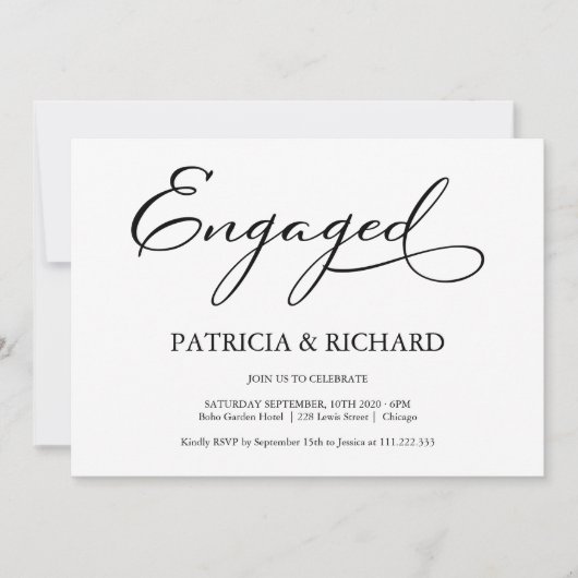 Elegante Schwarz-Weiß-Script-Engagement-Partei Einladung (Vorderseite)