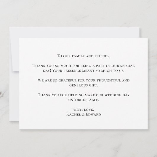 Elegante Schwarz-Weiß-Script-Hochzeit Dankeskarte (Rückseite)