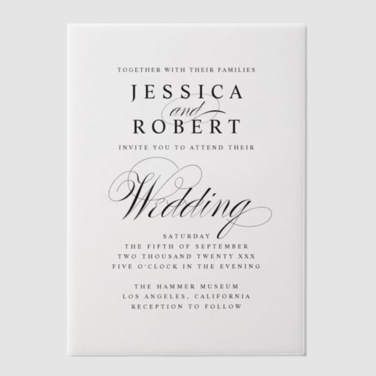 Elegante Schwarz-Weiß-Script-Hochzeit Pergament Einladungen (Vorderseite)