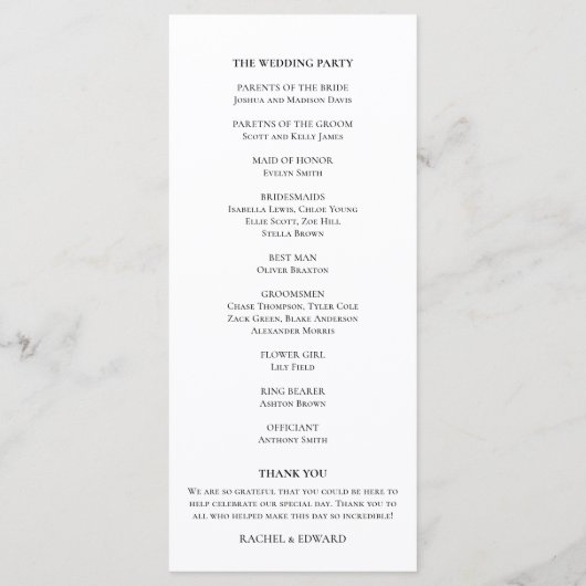 Elegante Schwarz-Weiß-Script-Hochzeit Programm (Rückseite)