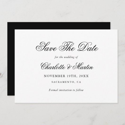 Elegante Schwarz-Weiß-Script-Hochzeit Save The Date (Vorne/Hinten)