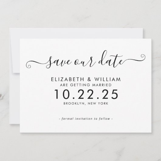 Elegante Schwarz-Weiß-Script-Hochzeit Save The Date (Vorderseite)
