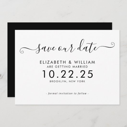 Elegante Schwarz-Weiß-Script-Hochzeit Save The Date (Vorne/Hinten)