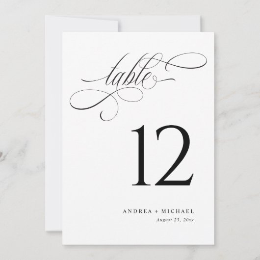 Elegante Schwarz-Weiß-Script-Hochzeiten-Tischnumme Einladung (Rückseite)