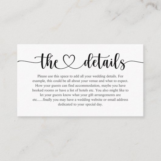 Elegante Schwarz-Weiß-Script-Hochzeitsdetails Begleitkarte (Vorderseite)