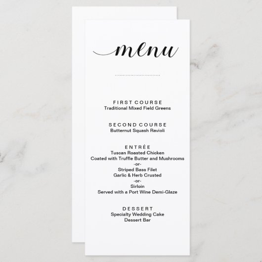 Elegante Schwarz-Weiß-Script-Hochzeitsmenükarten Menükarte (Vorne/Hinten)