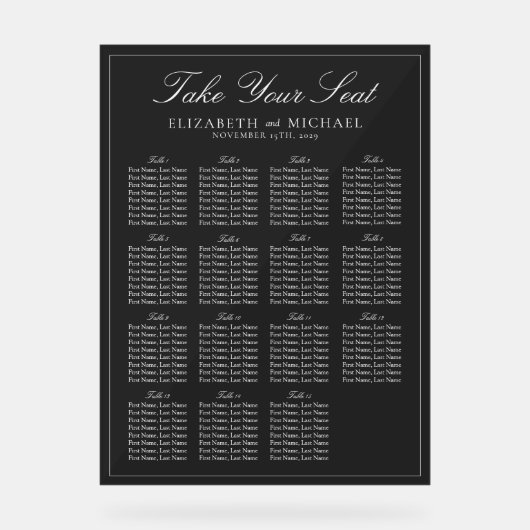 Elegante Schwarz-Weiß-Script-Hochzeitssitze Acrylschild (Vorderseite)