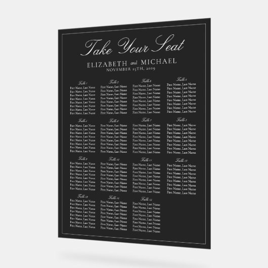 Elegante Schwarz-Weiß-Script-Hochzeitssitze Acrylschild (Winkel)