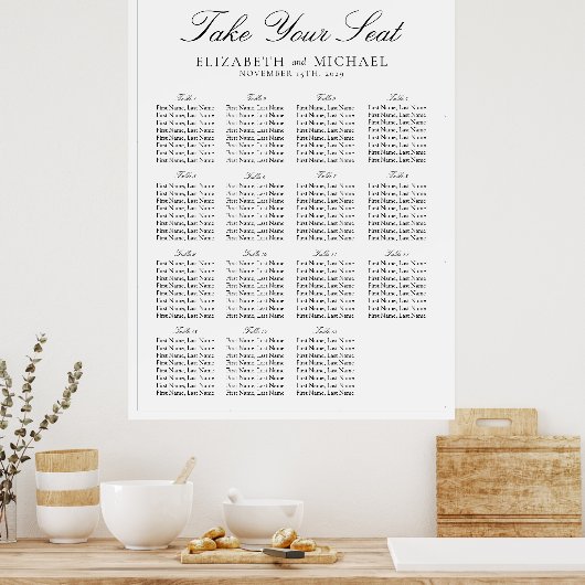 Elegante Schwarz-Weiß-Script-Hochzeitssitze Poster (Küche)