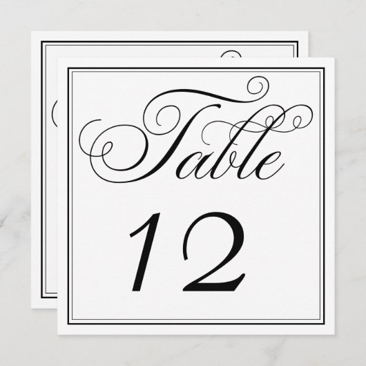 Elegante Schwarz-Weiß-Script-Tischnummer-Karten Einladung (Vorne/Hinten)