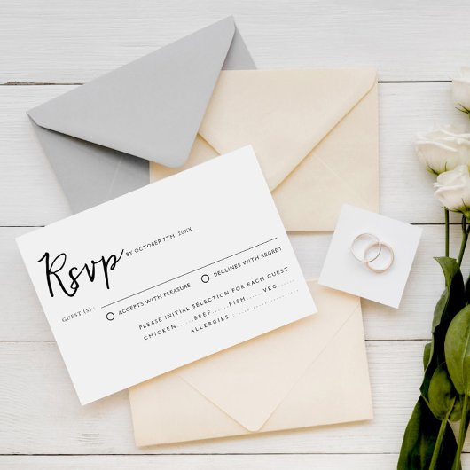 Elegante Schwarz-Weiß-Script-Wahl Hochzeit RSVP Karte